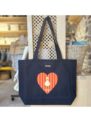 Bumudur Aksesuar Kalp Şeklinde Ördek Tasarımı Baskılı Siyah Kanvas Bez Çanta Sap Gri̇ Beyaz Kareli̇ Astarlı Cırt Cırtlı Suluk Tutuculu - Büyük