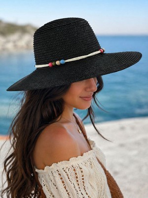 Aydın Şapkacınız Kadın Hasır Şapka Boncuk Detaylı Geniş Kenarlı Yazlık Plaj Şapkası
