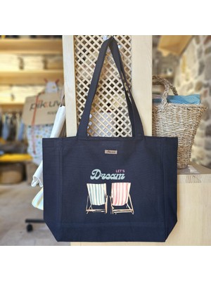 Bumudur Aksesuar Renkli Şezlonglar ile Yaz Rüyası Baskılı Siyah Kanvas Bez Çanta Sap Gri̇ Beyaz Kareli̇ Astarlı Cırt Cırtlı Suluk Tutuculu - Büyük