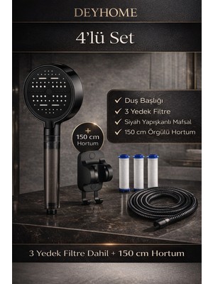 deyhome 6 Fonksiyonlu Filtreli Duş Başlığı + Yapışkanlı Mafsal + 3 Yedek Filtre – 150CM Örgülü Hortum-Basınç Artırıcı, Klor & Kireç Önleyici
