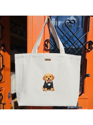 Bumudur Aksesuar Şık Tuxedo ile Gülümseyen Yavru Köpek Baskılı Naturel Kanvas Bez Çanta Sap Beyaz Cırt Cırtlı Suluk Tutuculu - Küçük
