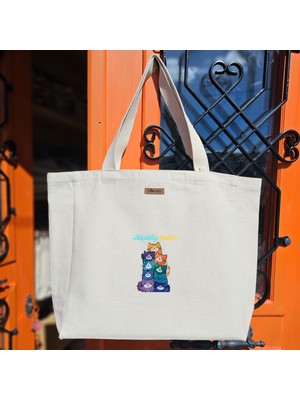 Bumudur Aksesuar Küçük Kediler Yığını Baskılı Naturel Kanvas Bez Çanta Sap Beyaz Cırt Cırtlı Suluk Tutuculu - Küçük