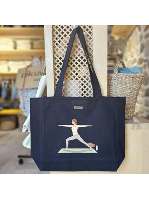 Bumudur Aksesuar Yoga Pozları ve Matı Baskılı Siyah Kanvas Bez Çanta Sap Gri̇ Beyaz Kareli̇ Astarlı Cırt Cırtlı Suluk Tutuculu - Büyük