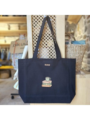 Bumudur Aksesuar Kahve ve Kitaplar Baskılı Siyah Kanvas Bez Çanta Sap Gri̇ Beyaz Kareli̇ Astarlı Cırt Cırtlı Suluk Tutuculu - Küçük