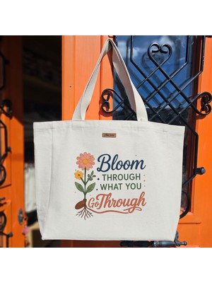 Bumudur Aksesuar Pembe Çiçekli Bloom Logo El Yazısı Stili Modern Tasarımı Baskılı Naturel Kanvas Bez Çanta Sap Beyaz Cırt Cırtlı Suluk Tutuculu - Büyük