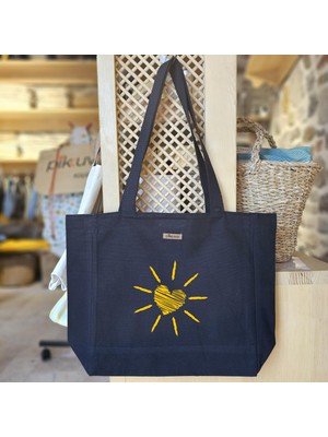 Bumudur Aksesuar Güneşin Kalbi Baskılı Siyah Kanvas Bez Çanta Sap Gri̇ Beyaz Kareli̇ Astarlı Cırt Cırtlı Suluk Tutuculu - Büyük