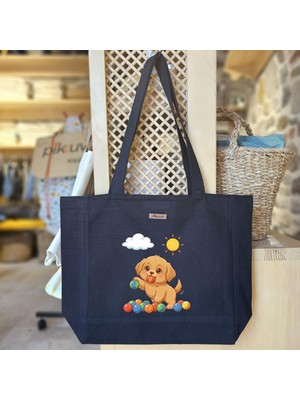 Bumudur Aksesuar Oyun Zamanı Neşeli Yavru Köpek Baskılı Siyah Kanvas Bez Çanta Sap Gri̇ Beyaz Kareli̇ Astarlı Cırt Cırtlı Suluk Tutuculu - Büyük