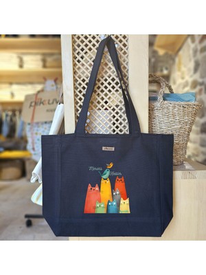 Bumudur Aksesuar Renkli Kediler ve Kuş Baskılı Siyah Kanvas Bez Çanta Sap Gri̇ Beyaz Kareli̇ Astarlı Cırt Cırtlı Suluk Tutuculu - Büyük