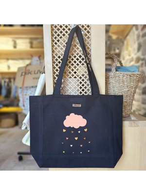 Bumudur Aksesuar Pembe Bulut ve Kalp Yağmuru Baskılı Siyah Kanvas Bez Çanta Sap Gri̇ Beyaz Kareli̇ Astarlı Cırt Cırtlı Suluk Tutuculu - Büyük