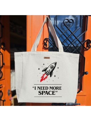 Bumudur Aksesuar Uzayda Daha Fazla Alan Ihtiyacı Ihtiyacım Var Baskılı Naturel Kanvas Bez Çanta Sap Beyaz Cırt Cırtlı Suluk Tutuculu - Büyük