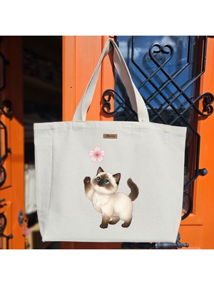 Bumudur Aksesuar Çiçekle Oynayan Kedi Baskılı Naturel Kanvas Bez Çanta Sap Beyaz Cırt Cırtlı Suluk Tutuculu - Büyük