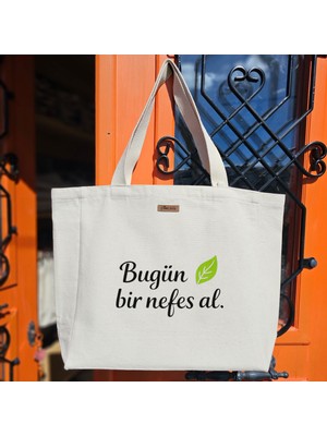Bumudur Aksesuar Yeşil Yaprak ve Slogan Baskılı Naturel Kanvas Bez Çanta Sap Beyaz Cırt Cırtlı Suluk Tutuculu - Büyük