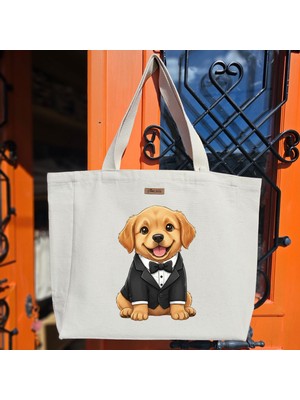 Bumudur Aksesuar Şık Tuxedo ile Gülümseyen Yavru Köpek Baskılı Naturel Kanvas Bez Çanta Sap Beyaz Cırt Cırtlı Suluk Tutuculu - Büyük