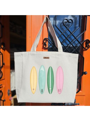 Bumudur Aksesuar Renkli Sörf Tahtaları Baskılı Naturel Kanvas Bez Çanta Sap Beyaz Cırt Cırtlı Suluk Tutuculu - Büyük