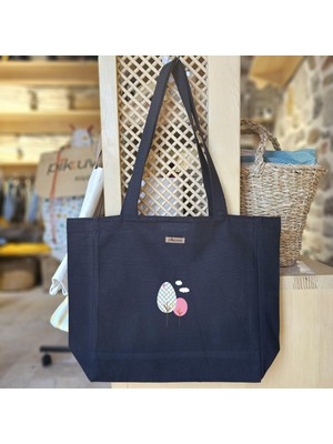 Bumudur Aksesuar Çiçekli Desenli Ağaçlar Baskılı Siyah Kanvas Bez Çanta Sap Gri̇ Beyaz Kareli̇ Astarlı Cırt Cırtlı Suluk Tutuculu - Küçük