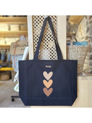 Bumudur Aksesuar Kalp Motifli Tote Çanta Tasarımı Baskılı Siyah Kanvas Bez Sap Gri̇ Beyaz Kareli̇ Astarlı Cırt Cırtlı Suluk Tutuculu - Büyük