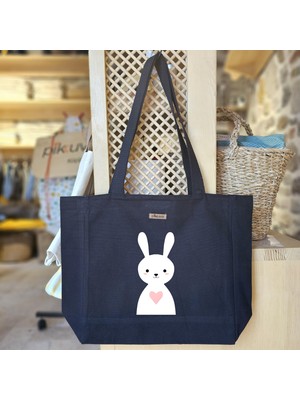 Bumudur Aksesuar Sevimli Kalp Tavşanı Baskılı Siyah Kanvas Bez Çanta Sap Gri̇ Beyaz Kareli̇ Astarlı Cırt Cırtlı Suluk Tutuculu - Büyük