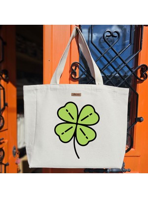 Bumudur Aksesuar Dört Yapraklı Yonca Tasarımı Baskılı Naturel Kanvas Bez Çanta Sap Beyaz Cırt Cırtlı Suluk Tutuculu - Büyük