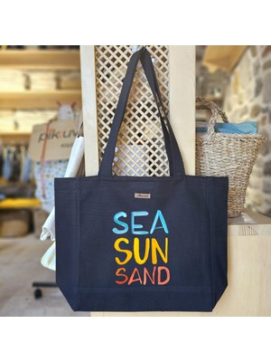 Bumudur Aksesuar Deniz Güneşi ve Kum Baskılı Siyah Kanvas Bez Çanta Sap Gri̇ Beyaz Kareli̇ Astarlı Cırt Cırtlı Suluk Tutuculu - Büyük