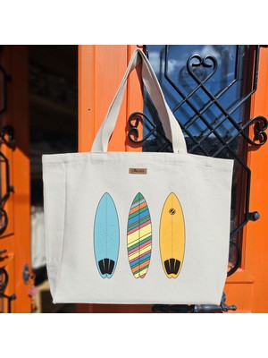 Bumudur Aksesuar Renkli Sörf Tahtası Deseni Baskılı Naturel Kanvas Bez Çanta Sap Beyaz Cırt Cırtlı Suluk Tutuculu - Büyük