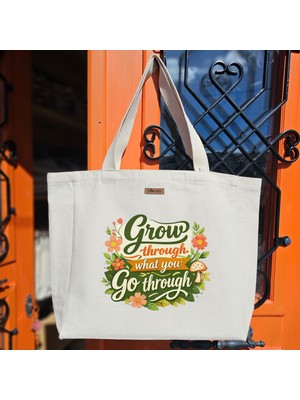 Bumudur Aksesuar Yeşil Çiçekli Logo El Yazısı Stili Doğa Temalı Baskılı Naturel Kanvas Bez Çanta Sap Beyaz Cırt Cırtlı Suluk Tutuculu - Büyük