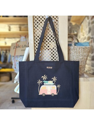 Bumudur Aksesuar Tropikal Karavan ve Palmiye Ağaçları Baskılı Siyah Kanvas Bez Çanta Sap Gri̇ Beyaz Kareli̇ Astarlı Cırt Cırtlı Suluk Tutuculu - Büyük