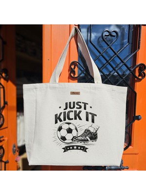 Bumudur Aksesuar Siyah Futbol Topu ve Ayakkabı Stili Modern Just Kıck It Baskılı Naturel Kanvas Bez Çanta Sap Beyaz Cırt Cırtlı Suluk Tutuculu - Büyük