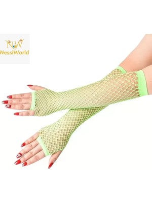 80’ler 90’lar Retro Neon Yeşil File Parmaksız Eldiven 26 cm