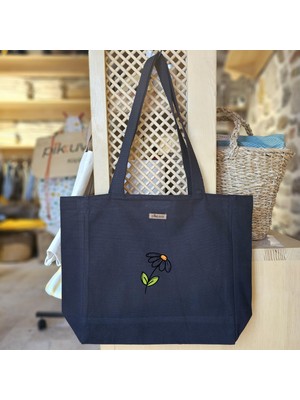 Bumudur Aksesuar Sarı Çiçek ve Yeşil Yapraklar Doğa Çiçekler Baskılı Siyah Kanvas Bez Çanta Sap Gri̇ Beyaz Kareli̇ Astarlı Cırt Cırtlı Suluk Tutuculu - Küçük