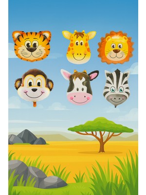 Eng Parti Dünyası Safari Hayvan Figürlü 6’lı Folyo Balon Seti Aslan Kaplan Zürafa Zebra Maymun Inek Parti Balonları