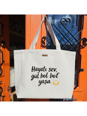 Bumudur Aksesuar Gülümseyen Yüz ve Renkli Hayat Baskılı Naturel Kanvas Bez Çanta Sap Beyaz Cırt Cırtlı Suluk Tutuculu - Büyük