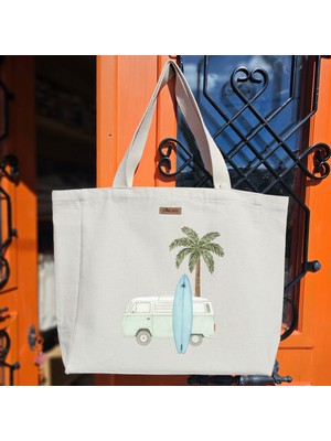 Bumudur Aksesuar Sörf Turu Palmiye ve Surf Tahtası Baskılı Naturel Kanvas Bez Çanta Sap Beyaz Cırt Cırtlı Suluk Tutuculu - Büyük