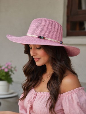 Aydın Şapkacınız Kadın Hasır Şapka Boncuk Detaylı Geniş Kenarlı Yazlık Plaj Şapkası