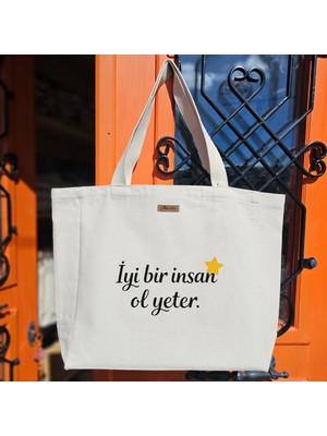 Bumudur Aksesuar Iyi Insan Yeter Tote Çanta Baskılı Naturel Kanvas Bez Sap Beyaz Cırt Cırtlı Suluk Tutuculu - Büyük