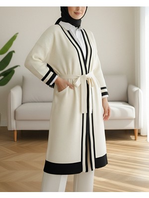 Modamorfo Yakası ve Kol Manşeti Şeritli Triko Hırka -Siyah