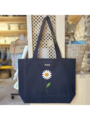 Bumudur Aksesuar Beyaz Papatya ve Yeşil Yaprak Baskılı Siyah Kanvas Bez Çanta Sap Gri̇ Kareli̇ Astarlı Cırt Cırtlı Suluk Tutuculu - Büyük