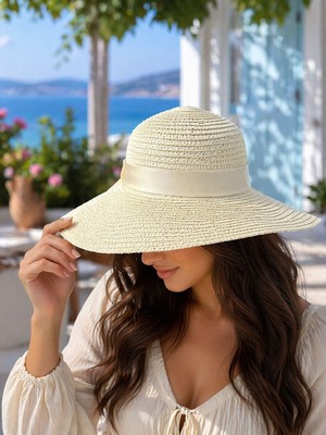 Aydın Şapkacınız Kadın Hasır Şapka Geniş Kenarlı Yazlık Plaj Şapkası