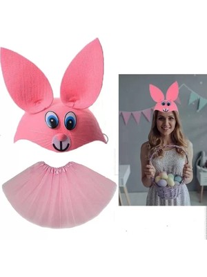 Tavşan Kostümü Pembe - 23 Nisan Tavşan Şapka ve Tütü Etek Seti 2 Parça