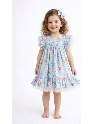 Cumino Melina Kız Çocuk Elbise %100 Pamuk Çiçek Desenli Tüllü Elbise Beyaz & Mavi