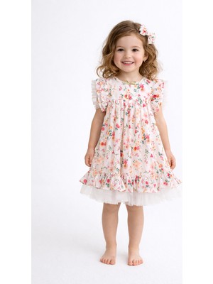 Cumino Melina Kız Çocuk Elbise %100 Pamuk Çiçek Desenli Tüllü Elbise Beyaz & Mavi
