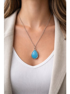 Herşey Nota Turkuaz Damla Taşlı Gümüş Renk Zincir Kolye Unisex 60 cm Aksesuar