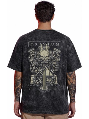 Sevbano Tasarım Trivium Rock Metal Müzik Grubu Sırt Baskılı Unisex Oversize Vintage Yıkamalı Tişört