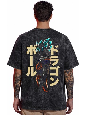 Sevbano Tasarım Son Goku Dragon Ball Anime Sırt Baskılı Unisex Oversize Vintage Yıkamalı Tişört