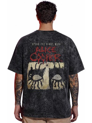Sevbano Tasarım Alice Cooper Rock Metal Şarkıcı Sırt Baskılı Unisex Oversize Vintage Yıkamalı Tişört