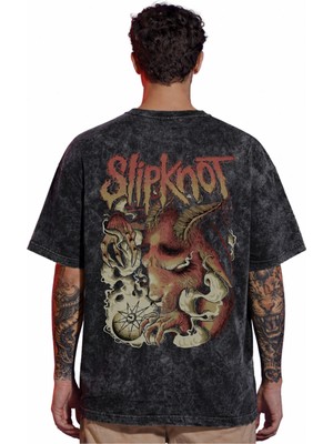 Sevbano Tasarım Slipknot Rock Metal Müzik Grubu Sırt Baskılı Unisex Oversize Vintage Yıkamalı Tişört
