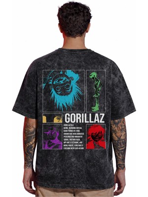 Sevbano Tasarım Gorillaz Rock Metal Müzik Grubu Sırt Baskılı Unisex Oversize Vintage Yıkamalı Tişört