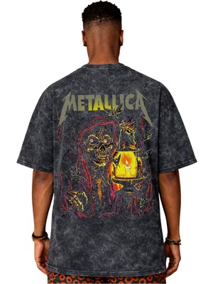 Sevbano Tasarım Metallica Rock Metal Müzik Grubu Sırt Baskılı Unisex Oversize Vintage Yıkamalı Tişört