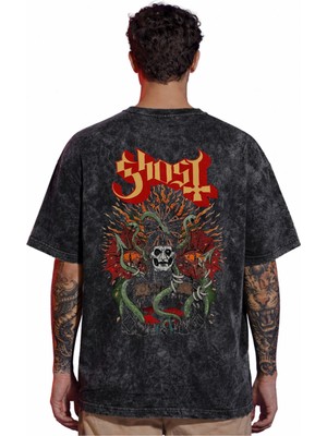Sevbano Tasarım Ghost Rock Metal Müzik Grubu Sırt Baskılı Unisex Oversize Vintage Yıkamalı Tişört