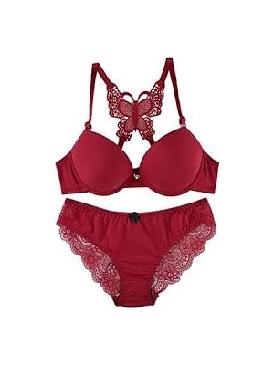 AGM Önden Kapamalı  ve Kelebek Motifli Sütyen Takım , Push  Up Bordo Renk Dantel Sütyen Takım