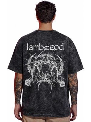 Sevbano Tasarım Lamb Of God Rock Metal Müzik Grubu Sırt Baskılı Unisex Oversize Vintage Yıkamalı Tişört